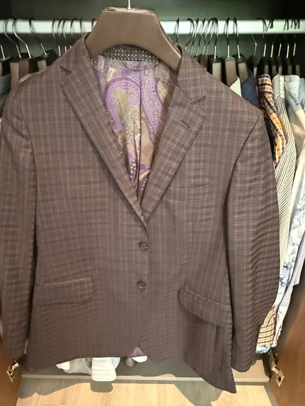 Etro Brown/Blue Windowpane Plaid Blazer – Purple Paisley Lining – EU 52R